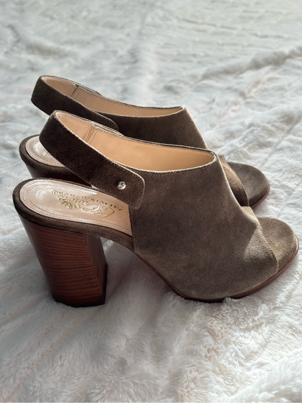 Vero Cuoio Taupe Suede Peep-Toe Slingback Block Heel